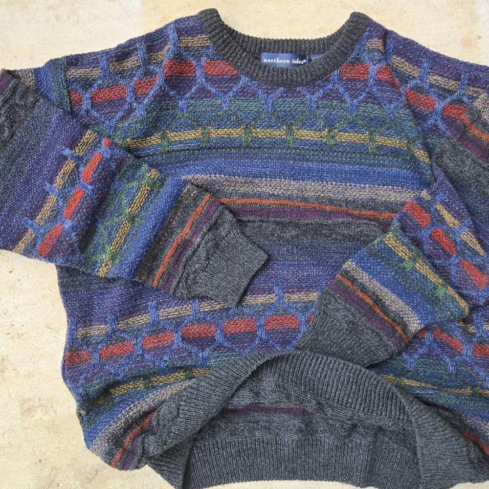 VTG Northern Isles Sweater Multi Color Men Large Geometric Knit Crewneck USA EUC